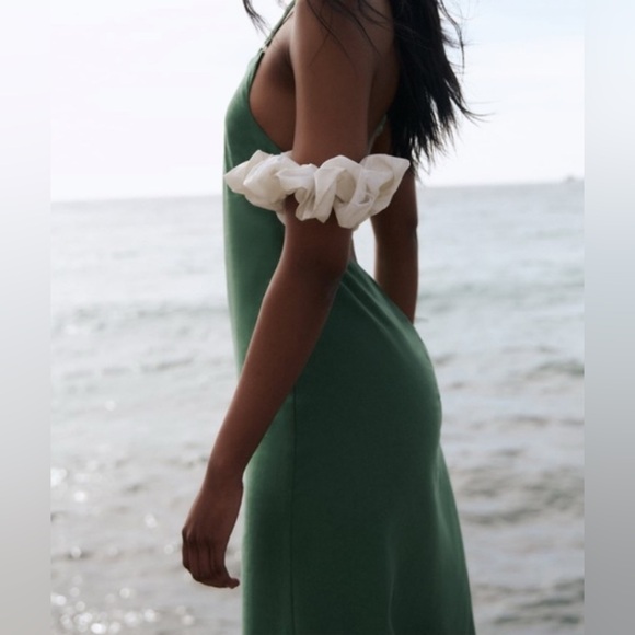 Zara open back linen blend dress green S - Picture 2 of 10